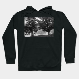 Black and white Two oak trees on river edge in early  morning fog Hoodie